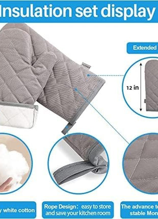 Oven Mitts and Pot Holders 4 pcs Set,High Heat Resistant 500 Degree Extra Thicken Long Kitchen Cotton Oven Glove for Cooking (12 Inch,Grey)