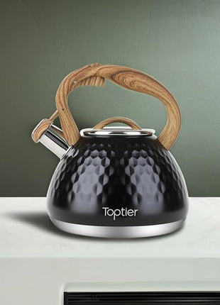 Tea Kettle, Toptier Teapot Whistling Kettle with Wood Pattern Handle Loud Whistle, Food Grade Stainless Steel Tea Pot for Stovetops Induction Diamond Design Water Kettle, 2.7-Quart Black