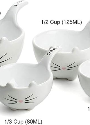 White Ceramic Cat Measuring Cups: Set of Cat Shaped Bowls - 1 Cup, 1/2 Cup, 1/3 Cup and 1/4 Cup