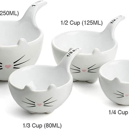 White Ceramic Cat Measuring Cups: Set of Cat Shaped Bowls - 1 Cup, 1/2 Cup, 1/3 Cup and 1/4 Cup