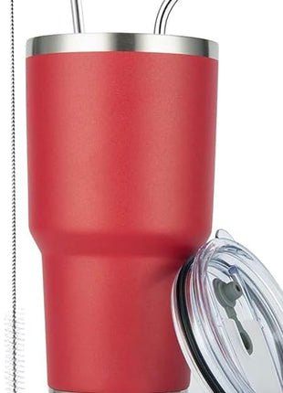 D·S 30oz Red Tumbler Stainless Steel Double Wall Vacuum Insulated Mug with Straw and Lid, Cleaning Brush for Cold and Hot Beverages (30oz Red)