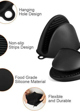 AUAUY 1 Pair Mini Silicone Oven Mitts, Heat Resistant Pot Holders Mitts, Cute Oven Pinch Grip Gloves, Small Potholders for Kitchen, Air Fryer Mitts Pair for Cooking, Baking and Grilling (Black)