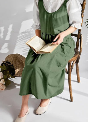 Uaussi Cotton Linen Apron Cross Back Work Apron for Women with Pockets Pinafore Dress X Cross Halter Apron for Chef Gardening