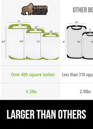 GORILLA GRIP BPA-Free Reversible Kitchen Cutting Board Set of 3, US Designed, Nonporous, Juice Grooves Catch Liquid, Slip Resistant Border, Dishwasher Safe, Durable Food Chopping Boards, Lime Green