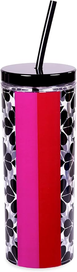 kate spade new york Acrylic Tumbler with Lid and Straw, 24 oz Tumbler, Slim Double Wall Tumbler, Spade Flower Stripe