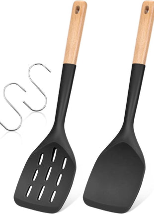 Pack of 2 Silicone Spatula, Non Stick Cooking Utensil Set Wooden Handle Kitchen Turner for Baking Mixing Grilling Serving Food Heat Resistant Non Scratch Hooks Included (Black)