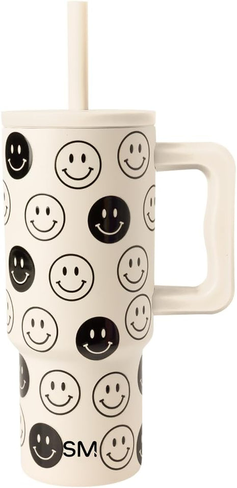 Simple Modern Kids 24 oz Tumbler with Handle and Silicone Straw Lid | Spill Proof and Leak Resistant | Reusable Stainless Steel Bottle | Gift for Kids Boys Girls | Trek Collection | Tan Happy Faces