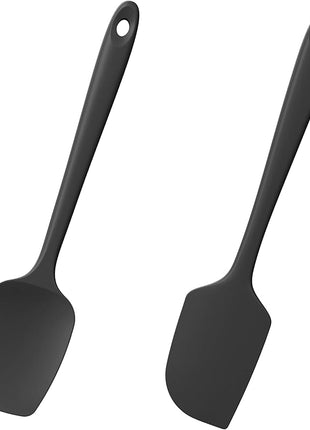 2-Piece Silicone Scraper & Spoon Spatulas: Doosu 600°F Heat Resistant Food Grade BPA Free Rubber Baking Flat Spatula Kitchen Cooking Spoonula for Mixing, Scraping, Folding, Stirring, Serving (Black)