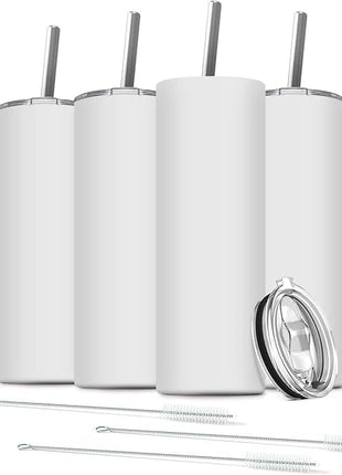6 Pack Stainless Steel Skinny Tumbler, 20 OZ Double-Insulated Water Tumbler Cup with 6 Straw and 3 Brush, Vacuum Travel Mug Gift for Hot Cold Drinks with Cleaning(White)