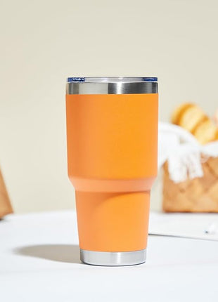 MEWAY 30oz Insulated Tumbler With Lids and Straws,Stainless Steel Double Vacuum Coffee Tumbler Cup, Brush, Durable Powder Coated Coffee Cup for Cold & Hot Drinks, Office, Travel(Orange,4 PACK)