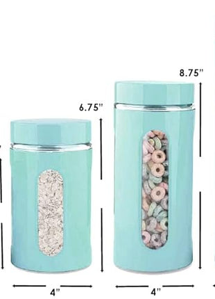 Kitchen Canisters Set For Countertop By Home Basics | Retro-Styled Canisters For Kitchen Counter | Stainless Steel and Glass, See-Through Windows (Turquoise), 4 Pieces