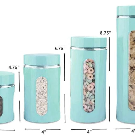 Kitchen Canisters Set For Countertop By Home Basics | Retro-Styled Canisters For Kitchen Counter | Stainless Steel and Glass, See-Through Windows (Turquoise), 4 Pieces
