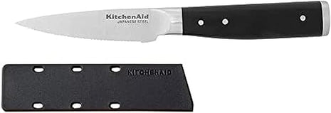 KitchenAid Gourmet Forged Triple Rivet Fine-Edge Utility Knife with Custom-Fit Blade Cover, 4.5-inch, Sharp Kitchen Knife, High-Carbon Japanese Stainless Steel Blade, Black