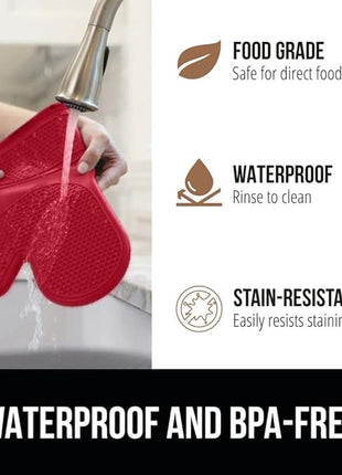 GORILLA GRIP BPA-Free Soft Silicone Oven Mitts and Pot Holders Sets of 4, Heat Resistant Waterproof Cooking Gloves, Thick Cotton Lining, Flexible Gripping for Baking Grilling, Kitchen Trivets, Red