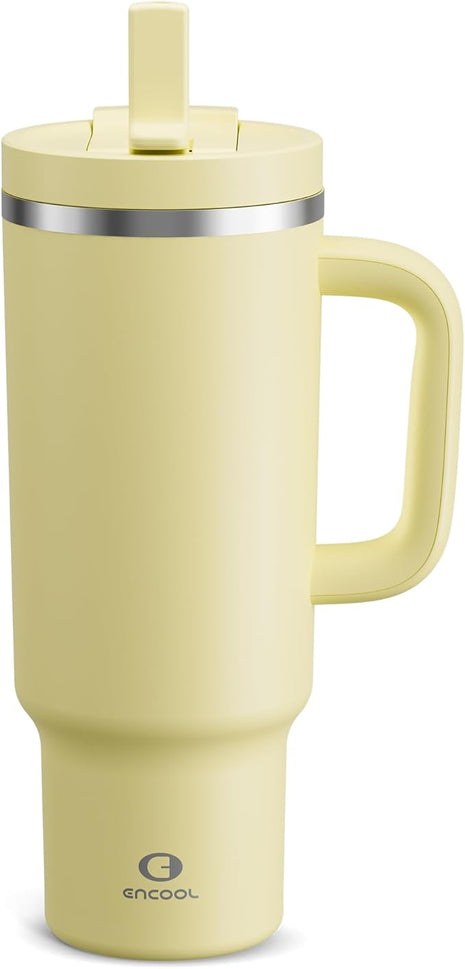 40 oz Tumbler with Handle and Straw: Stainless Steel Insulated Tumbler Keeps Cold for 24 Hours, Leakproof Travel Cup Fits in Cup Holder and BPA-Free,Light Vanilla