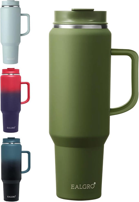 50 oz Tumbler with Handle, Insulated Tumblers with Lid and Straw, Large Metal Sports Water Bottle Jug, Thermal Stainless Steel Travel Coffee Mug Cup, Army Green
