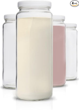 All About Juicing Glass Bottles Set - 32 oz Jars, 4 Pack Wide Mouth with Lids for Juice, Smoothies, Water, Milks, Beverage Storage - Large Jug, Clear, Durable, Reusable, Dishwasher Safe, Leak Proof