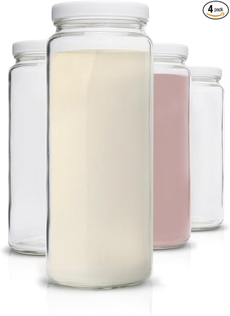 All About Juicing Glass Bottles Set - 32 oz Jars, 4 Pack Wide Mouth with Lids for Juice, Smoothies, Water, Milks, Beverage Storage - Large Jug, Clear, Durable, Reusable, Dishwasher Safe, Leak Proof