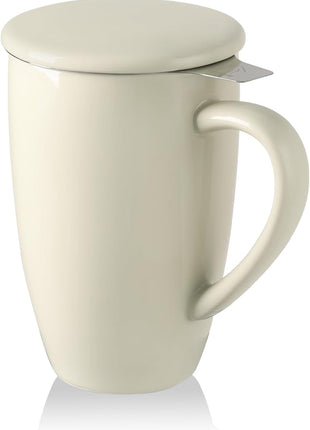 Sweejar Porcelain Tea Mug with Infuser and Lid,Teaware with Filter, Loose Leaf Tea Cup Steeper Maker, 16 Fl Oz for Tea/Coffee/Milk/Women/Office/Home/Gift (Beige)