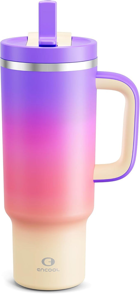 40 oz Tumbler with Handle and Straw: Stainless Steel Insulated Tumbler Keeps Cold for 24 Hours, Leakproof Travel Cup Fits in Cup Holder and BPA-Free, Peach Dream