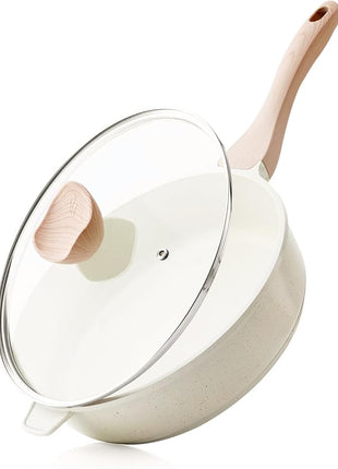 Kordisen Nonstick Ceramic Deep Frying Pan, 10 Inch Non Toxic Skillet with Lid, Healthy Jumbo Cooker, Saute Pan for Cooking, Induction Cookware, PFOA & PFAS Free (Cream)