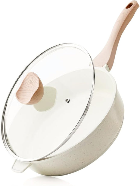 Kordisen Nonstick Ceramic Deep Frying Pan, 10 Inch Non Toxic Skillet with Lid, Healthy Jumbo Cooker, Saute Pan for Cooking, Induction Cookware, PFOA & PFAS Free (Cream)