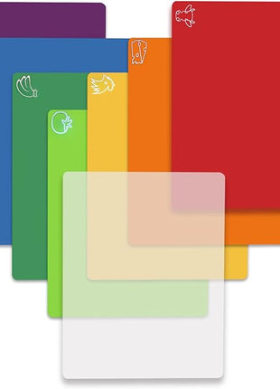 Cutting Board Mats Flexible Plastic Colored Mats with Food Icons, Fotouzy BPA-Free, Non-Porous, Anti-skid back and Dishwasher Safe, Set of 7+1 8 Pieces