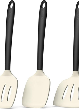 Coukre 3 Pack Silicone Spatula Set, High Heat Resistant, BPA-Free, Fish Spatula, Solid & Slotted Turner for Non-Stick Pans, Flipping Eggs, Pancakes, Fish, Burgers (3, BeigeBlack)