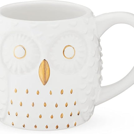 Pinky Up Olivia Owl Mug, Cute Mugs for Women, Tea Tumbler Cup, Tea Accessory Gifts, Owl Design, White and Gold, 16oz
