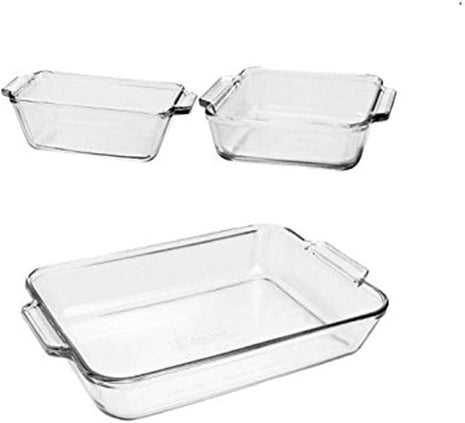 Anchor Hocking Glass Baking Dishes for Oven, 3 Piece Set (3 Qt Glass Casserole Dish, Cake Pan, and Bread Pan)
