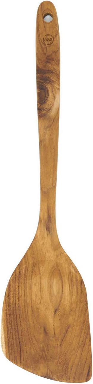 FAAY 13.5” Left-Hand Stir Fry Spatula – True Left-Hand Angled Teak Wooden Turner for Wok & Nonstick Pans, Natural Coconut Oil Finish, Handcrafted Wood Tool for Stirring & Flipping