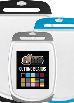 GORILLA GRIP BPA-Free Reversible Kitchen Cutting Board Set of 3, US Designed, Nonporous, Juice Grooves Catch Liquid, Slip Resistant Border, Dishwasher Safe Large Food Chopping Boards, Black Aqua Gray