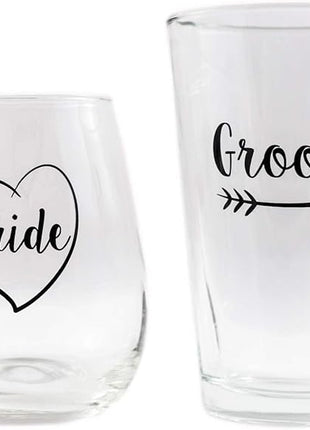 Cute Wedding Gifts - Bride and Groom Novelty Wine Glass and Beer Glass Combo - Engagement Gift for Couples