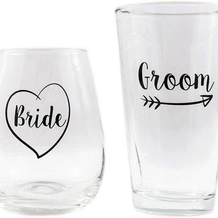 Cute Wedding Gifts - Bride and Groom Novelty Wine Glass and Beer Glass Combo - Engagement Gift for Couples