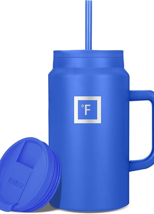 IRON °FLASK Co-Pilot Insulated Mug w/Straw & Flip Cap Lids - Cup Holder Bottle for Hot, Cold Drink - Leak-Proof - Water, Coffee Portable Travel Mug - Cobalt Blue, 50 Oz