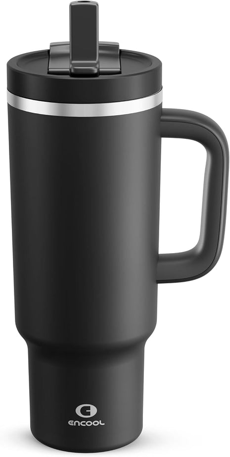 40 oz Tumbler with Handle and Straw: Stainless Steel Insulated Tumbler Keeps Cold for 24 Hours, Leakproof Travel Cup Fits in Cup Holder and BPA-Free, Black Night