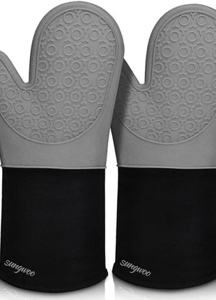 sungwoo Extra Long Silicone Oven Mitts, Heat Resistant Oven Gloves with Quilted Liner Non-Slip Textured Grip Perfect for BBQ, Baking, Cooking and Grilling - 1 Pair 14.6 Inch Grey & Black
