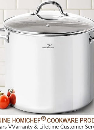 HOMICHEF 16 Quart LARGE Stock Pot with Glass Lid - NICKEL FREE Stainless Steel Healthy Cookware Stockpots with Lids 16 Quart - Mirror Polished Induction Cooking Pot