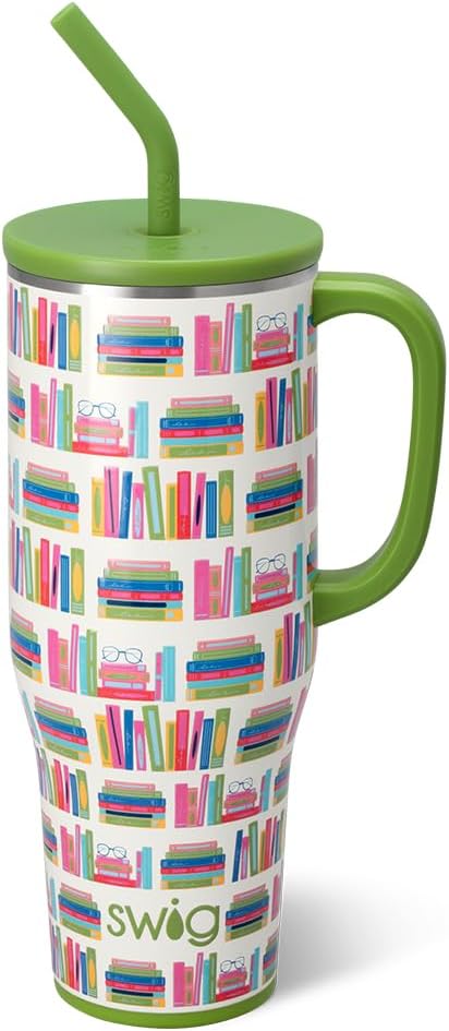 Swig Life 40oz Mega Mug, 40oz Teacher Tumbler with Handle and Straw, Extra Large Insulated Tumblers, Cup Holder Friendly Travel Mug, Teacher Gift (Book Club)
