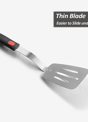 Stainless Steel Spatula, Flexible Metal Slotted Turner for Cast Iron Skillet, Thin Blade and Heat Resistant Silicone Handle, Great for Egg, Cookie, Meat, Crep, Large