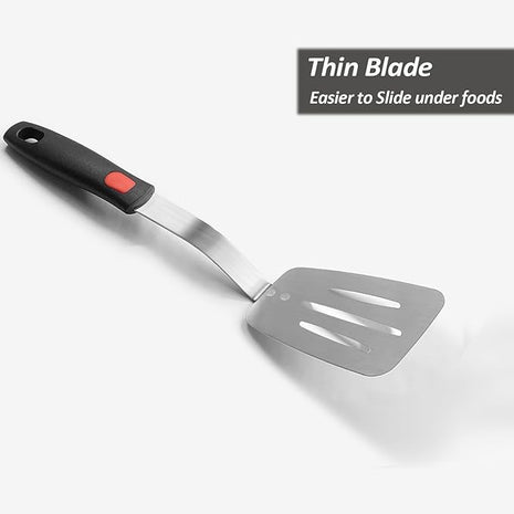 Stainless Steel Spatula, Flexible Metal Slotted Turner for Cast Iron Skillet, Thin Blade and Heat Resistant Silicone Handle, Great for Egg, Cookie, Meat, Crep, Large