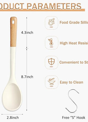 Large Silicone Cooking Spoons, Nonstick Solid Wooden Handle Kitchen Spoons, Heat Resistant Silicone Rubber Spoonula for Cooking, Serving, Basting, Mixing Tool, 13.2inch, Flexible Scraper (White)
