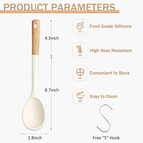 Large Silicone Cooking Spoons, Nonstick Solid Wooden Handle Kitchen Spoons, Heat Resistant Silicone Rubber Spoonula for Cooking, Serving, Basting, Mixing Tool, 13.2inch, Flexible Scraper (White)