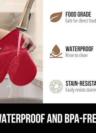 GORILLA GRIP BPA-Free Soft Silicone Oven Mitts, Heat Resistant and Waterproof Cooking Gloves, Thick Cotton Lining, Flexible Gripping Kitchen Potholders Set of 2, Christmas Kitchen Decor, 12.5x8.3, Red