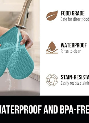 GORILLA GRIP BPA-Free Soft Silicone Oven Mitts, Heat Resistant and Waterproof Cooking Gloves, Thick Cotton Lining, Flexible Gripping for Baking Grilling, Kitchen Potholders Set, 12.5x8.3, Turquoise