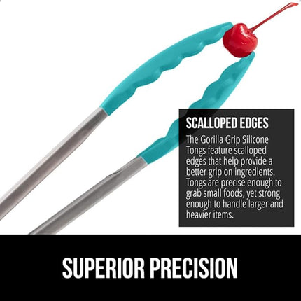 GORILLA GRIP Stainless Steel Heat Resistant Kitchen Tongs for Cooking, 9 + 12 Inch, Set of 2 BBQ Tong, Non Scratch Silicone Tip for Pan, Strong Grip, Grab Food, Salad, Air Fryer, Pull Lock, Turquoise