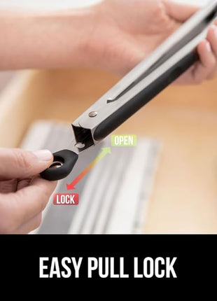 GORILLA GRIP Stainless Steel Heat Resistant Kitchen Tongs for Cooking, 12 + 14 Inch Set of 2 BBQ Tong, Non Scratch Silicone Tip for Pan, Strong Grip, Grab Food, Toss Salad, Air Fryer, Pull Lock, Black