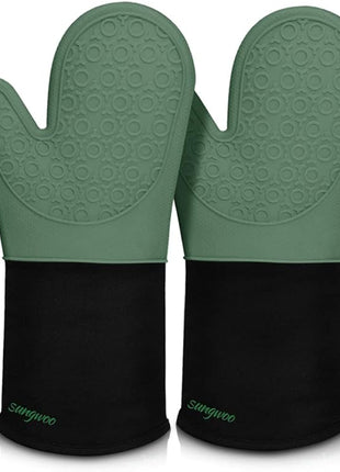 sungwoo Extra Long Silicone Oven Mitts, Heat Resistant Oven Gloves with Quilted Liner Non-Slip Textured Grip Perfect for BBQ, Baking and Cooking - 1 Pair 14.6 Inch Midnight Green & Black