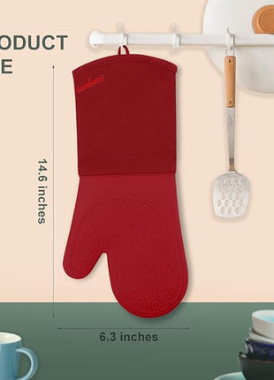 sungwoo Extra Long Silicone Oven Mitts, Heat Resistant Oven Gloves with Quilted Liner Non-Slip Textured Grip Perfect for BBQ, Baking, Cooking and Grilling - 1 Pair 14.6 Inch Empire Red