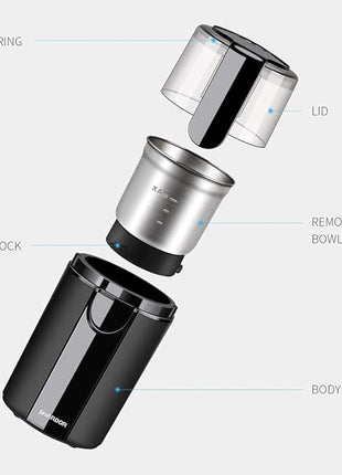 SHARDOR Coffee Grinder Electric, Coffee Bean Electric, Herb, Nut Grain Grinder with 1 Removable Stainless Steel Bowl, Black